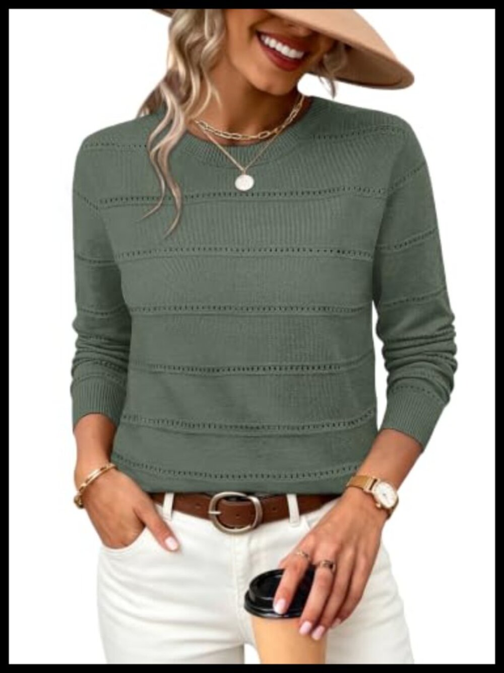 WIHOLL Hollow Out Knit Sweater Scoop Neck Pullover